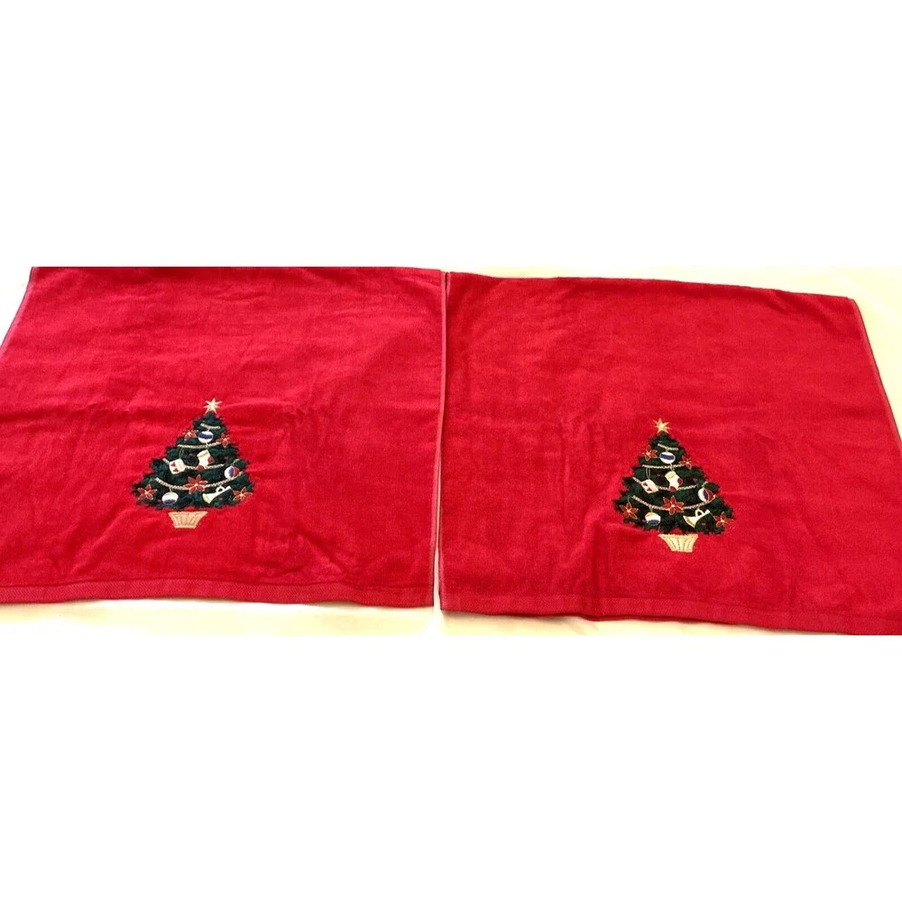 USA Vintage Christmas Tree Bath Towels 23x44” Embroidered Applique